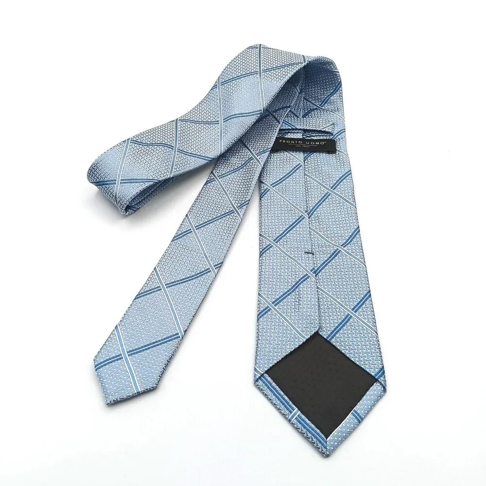 Pronto Uomo Silk Tie Mens Long 62” Sky Blue Plaid Herringbone Classic New